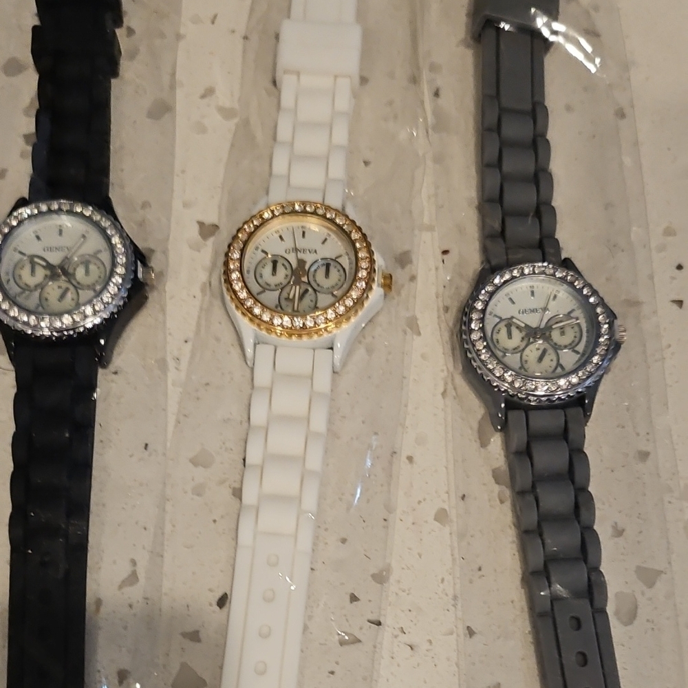 Geneva Crystal-Embellished Watch Set in Black, White, and Gray